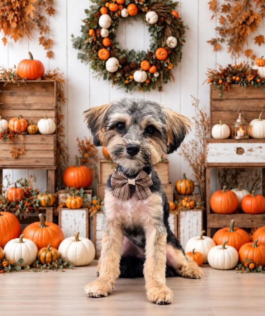 Sully in a plaid bow tie surrounded by fall pumpkins