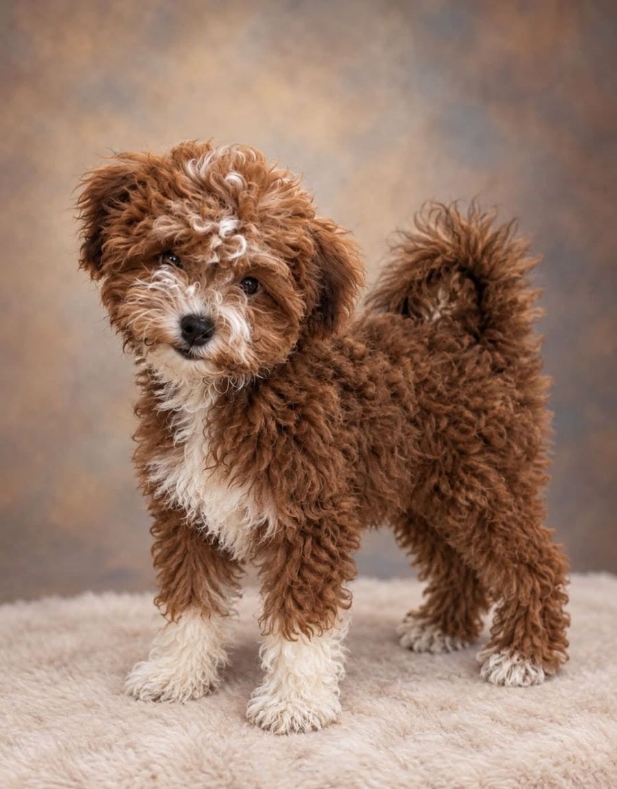 Delilah, a curly brown and white puppy
