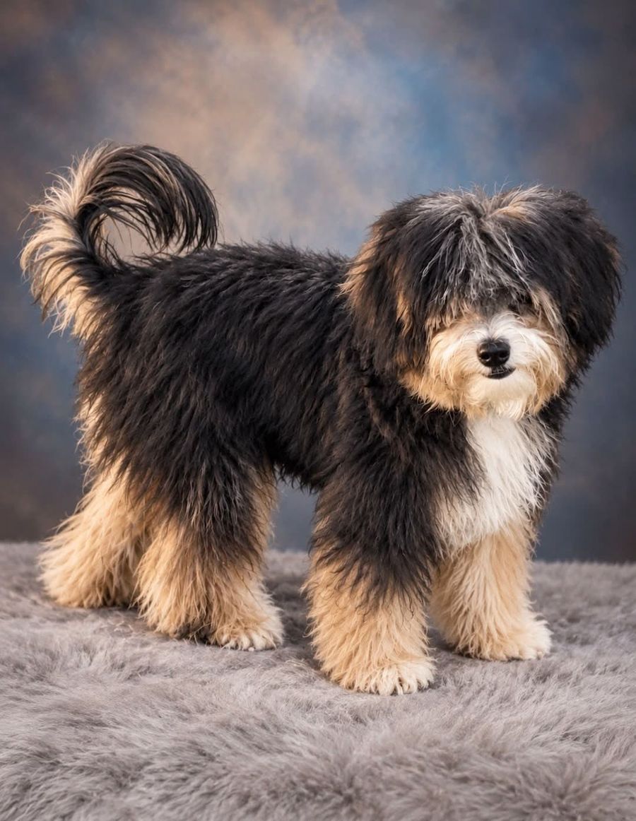 Sampson, a fluffy black, tan and white puppy